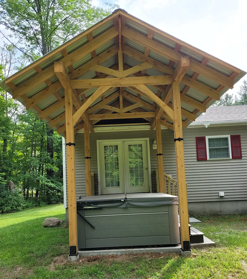 Completed timber frame structure highlighting expert carpentry work.